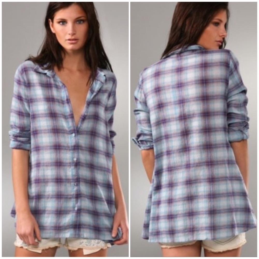 Free People Plaid Oversized Button Down Tunic Top
